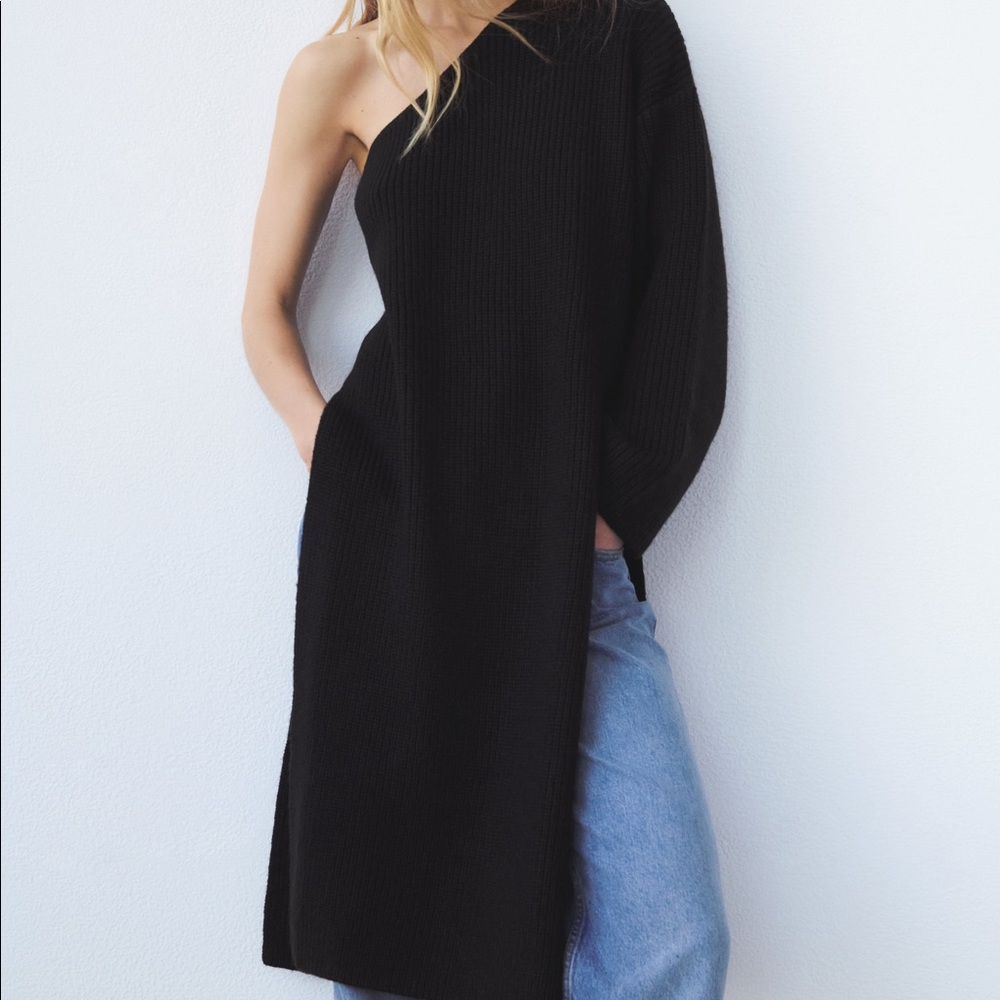 {Zara} Asymmetric Sleeve Knit Tunic Dress